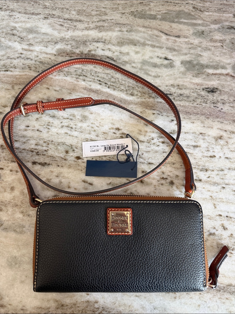 Dooney & Bourke Black Pebbled Leather Crossbody with Brown Strap